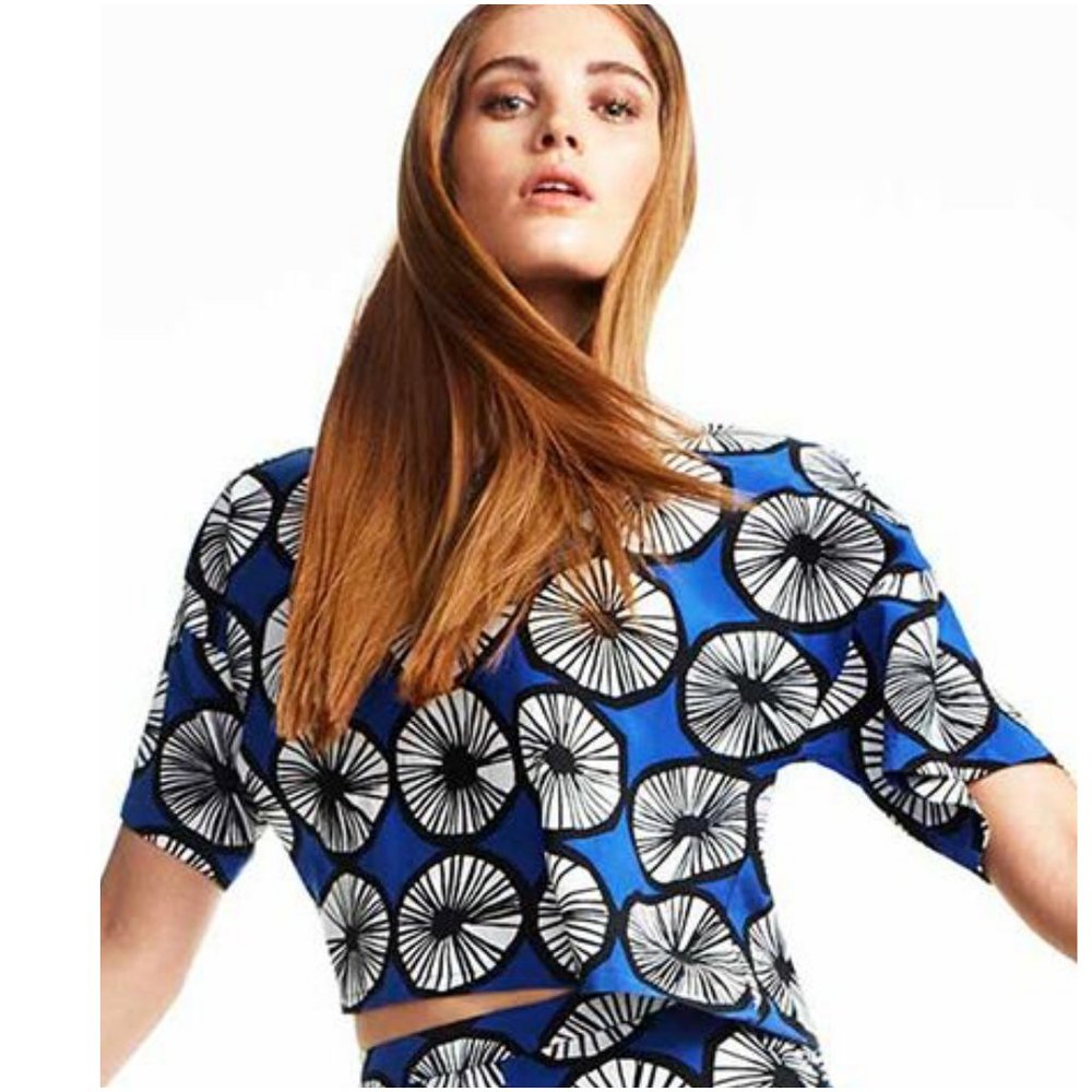 Marimekko Blue and White Graphic Print Cropped Top